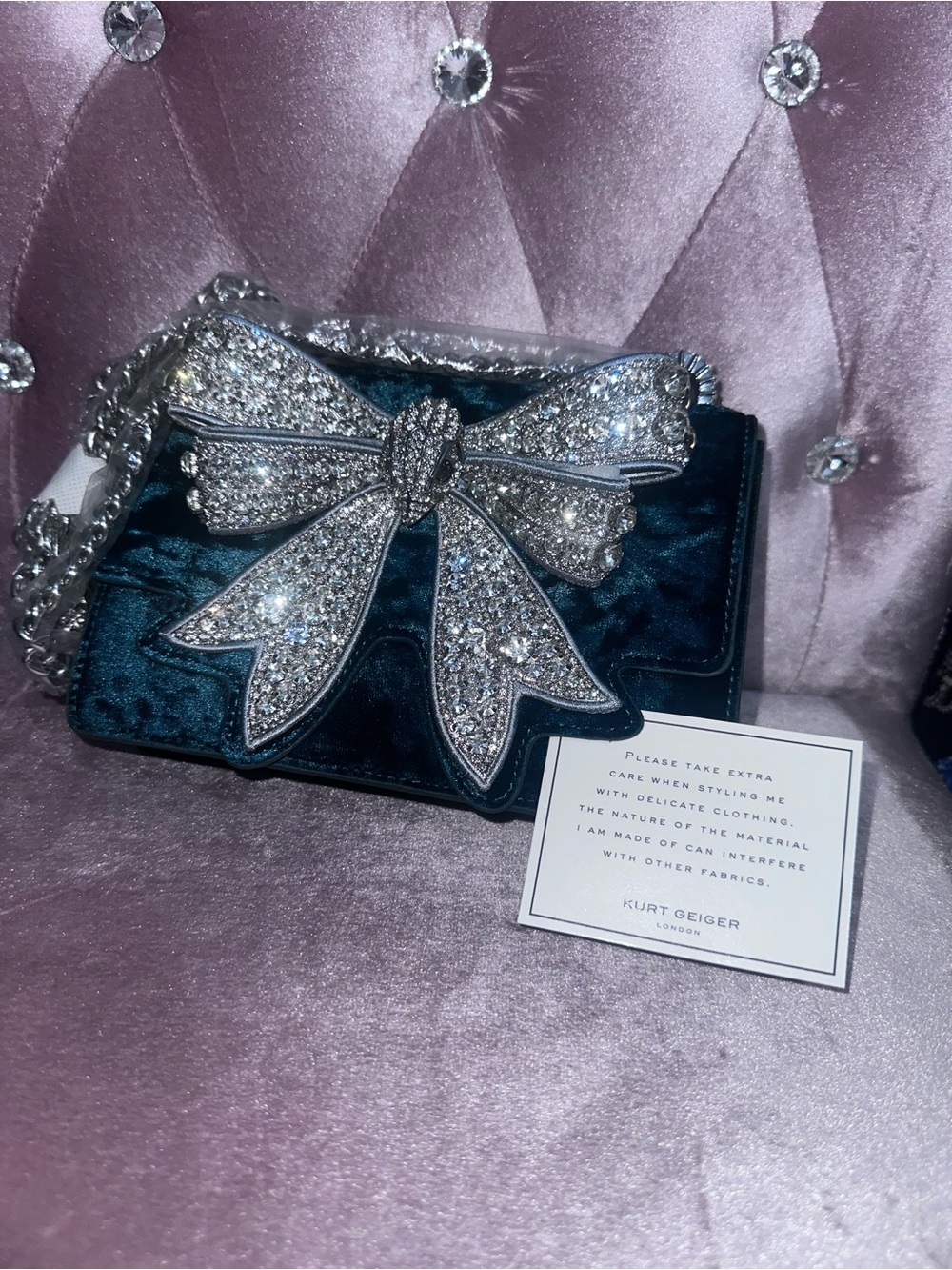 Kurt Geiger Teal Velvet Crossbody with Crystal Bow
